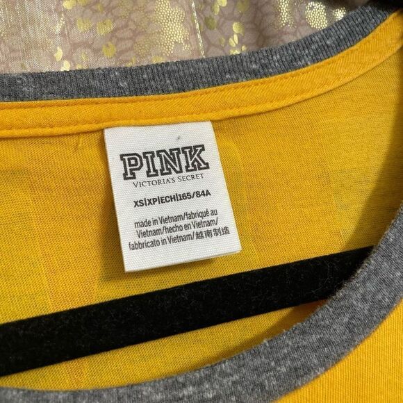 PINK Victorias Secret Yellow White Gray Logo 3/4 Sleeve Top, XS - Picture 3 of 4